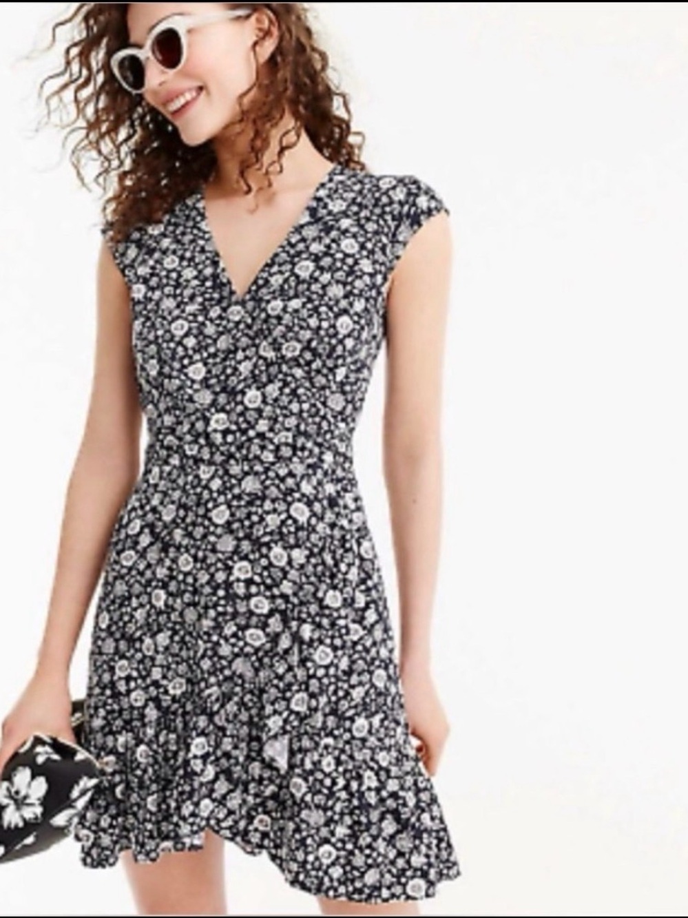 J.Crew Mercantile Ditsy Floral Faux Wrap Navy and White Mini Dress Sz 00